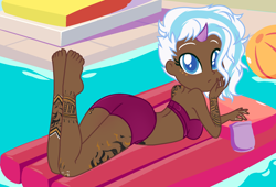 Size: 2016x1368 | Tagged: safe, artist:vizirka, artist:yaya54320bases, derpibooru import, lightning chill, human, ass, bag, barefoot, base used, beach ball, bikini, bikini bottom, bikini top, butt, chips, clothes, commission, dark skin, feet, female, food, horn, horned humanization, humanized, looking at you, poolside, solo, swimming pool, swimsuit, tattoo, ych result