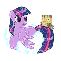 Size: 1024x1024 | Tagged: safe, artist:rainjay-xx, derpibooru import, owlowiscious, twilight sparkle, twilight sparkle (alicorn), alicorn, bird, owl, pony, cloud, female, male, mare, simple background, transparent background