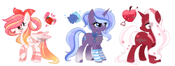 Size: 5820x2197 | Tagged: safe, artist:dixieadopts, derpibooru import, oc, oc:apple créme, oc:dreamy cheerleader, oc:strawberry milkshake, pegasus, pony, unicorn, bandaid, bow, clothes, female, flower, flower in hair, freckles, hair bow, magical lesbian spawn, mare, offspring, parent:big macintosh, parent:bulk biceps, parent:cheerilee, parent:fleur-de-lis, parent:fluttershy, parent:trixie, parents:flutterbulk, simple background, socks, striped socks, transparent background, watermark