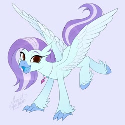 Size: 894x894 | Tagged: safe, artist:scarlet-spectrum, derpibooru import, oc, oc only, oc:ocean breeze, classical hippogriff, hippogriff, colored, commission, female, flat colors, hippogriff oc, looking at you, open beak, open mouth, open smile, pink background, signature, simple background, smiling, smiling at you, solo, spread wings, wings