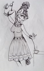 Size: 2392x3878 | Tagged: safe, artist:nightydream, derpibooru import, meadowbrook, anthro, clothes, cup, dress, eyes closed, high res, monochrome, pouring, skirt, sleeveless, sleeveless sweater, solo, sweater, teacup, teapot, tongue, tongue out, traditional art