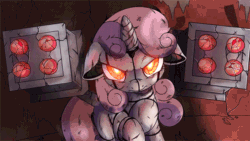 Size: 622x350 | Tagged: safe, artist:equum_amici, artist:prince-lionel, derpibooru import, sweetie belle, sweetie bot, pony, robot, robot pony, unicorn, 2018, absurd file size, absurd gif size, animated, cinemagraph, destabilize, female, filly, foal, gif, looking at you, old art, solo