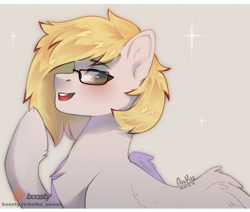 Size: 2356x2000 | Tagged: safe, artist:anku, derpibooru import, oc, oc only, oc:ludwig von leeb, pegasus, pony, blushing, chest fluff, colored pupils, eyebrows, eyebrows visible through hair, glasses, high res, hoof fluff, looking at you, male, open mouth, open smile, partially open wings, pony oc, simple background, smiling, smiling at you, solo, stallion, wings