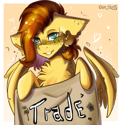 Size: 1714x1748 | Tagged: safe, artist:yuris, derpibooru import, oc, oc only, oc:yuris, pegasus, pony, brown mane, cute, ears, eye clipping through hair, eyebrows, eyebrows visible through hair, female, floppy ears, freckles, gradient background, grin, heart, ocbetes, partially open wings, pegasus oc, signature, smiling, solo, trade, turquoise eyes, wings, yellow skin