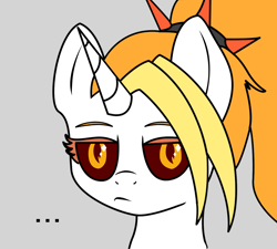 Size: 1200x1078 | Tagged: safe, artist:ramprover, derpibooru import, oc, oc only, oc:dyx, alicorn, pony, ..., alicorn oc, black sclera, blonde, blonde mane, bust, female, gray background, horn, lidded eyes, looking sideways, mare, portrait, simple background, solo, unamused, vector, wings