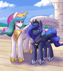 Size: 1500x1700 | Tagged: safe, artist:zachc, derpibooru import, princess celestia, princess luna, alicorn, pony, chestplate, crown, duo, duo female, eyebrows, eyebrows visible through hair, female, frown, jewelry, mare, one wing out, regalia, royal sisters, siblings, signature, sisters, smiling, wings