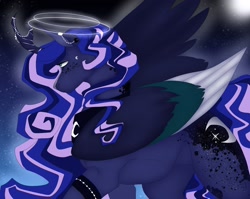 Size: 2048x1632 | Tagged: safe, artist:inisealga, derpibooru import, princess luna, alicorn, pony, alternate hairstyle, colored wings, cutie mark, female, folded wings, halo, horn, jewelry, mare, moon, multicolored hair, multicolored mane, night, redesign, regalia, solo, wings