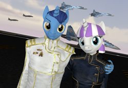 Size: 1573x1080 | Tagged: safe, artist:fuzeamateursfm, derpibooru import, night light, rainbow dash, twilight velvet, anthro, unicorn, 3d, aircraft, aircraft carrier, clothes, female, husband and wife, love, male, married couple, military, modern warship, navy, nightvelvet, pilot, shipping, straight, su-35s super flanker, uniform