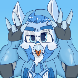 Size: 5000x5000 | Tagged: safe, artist:xasslash, derpibooru import, oc, oc only, oc:flynn the icecold, griffon, bondage, clothes, gloves, hood, hoodie, male, piercing, respirator, simple background, solo, tongue, tongue out, tongue piercing