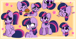 Size: 6274x3223 | Tagged: safe, artist:kittyrosie, derpibooru import, twilight sparkle, twilight sparkle (alicorn), unicorn twilight, alicorn, pony, unicorn, ^^, blushing, burger, cute, diabetes, eyes closed, female, food, hay burger, heart, kittyrosie is trying to murder us, mare, messy mane, multeity, open mouth, open smile, pigtails, sad, shrunken pupils, smiling, sparkle sparkle sparkle, starry eyes, that pony sure does love burgers, twiabetes, twilight burgkle, twilight snapple, upside down, wingding eyes