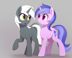 Size: 2500x2000 | Tagged: safe, artist:thebatfang, derpibooru import, sea swirl, seafoam, pony, unicorn, background pony, duo, eye contact, female, gray background, high res, looking at each other, mare, monochrome sunset, open mouth, open smile, raised leg, side by side, simple background, smiling