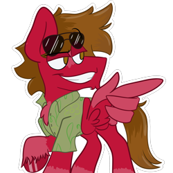 Size: 2800x2800 | Tagged: safe, artist:grandfinaleart, derpibooru import, oc, oc:grand finale, pegasus, pony, brown eyes, clothes, digital art, facial hair, hawaiian shirt, pegasus oc, red fur, shirt, simple background, smiling, sunglasses, sunglasses on head, transparent background, unshorn fetlocks