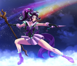 Size: 2190x1879 | Tagged: safe, alternate version, artist:mauroz, derpibooru import, part of a set, starlight glimmer, human, anime, clothes, female, humanized, sailor moon, sailor uniform, solo, staff, staff of sameness, uniform