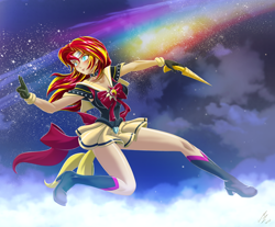 Size: 2266x1879 | Tagged: safe, alternate version, artist:mauroz, derpibooru import, part of a set, sunset shimmer, human, equestria girls, anime, boots, clothes, cloud, eyebrows, eyebrows visible through hair, female, high heel boots, high res, sailor uniform, shoes, signature, smiling, solo, stars, uniform