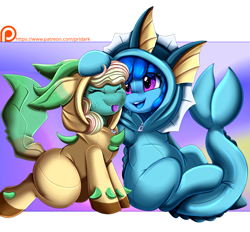 Size: 3509x3250 | Tagged: safe, artist:pridark, derpibooru import, oc, oc only, oc:alana, oc:flowheart, goo, goo pony, kelpie, original species, pony, clothes, costume, eyes closed, kigurumi, leafeon, open mouth, open smile, pokémon, smiling, tongue, tongue out, vaporeon