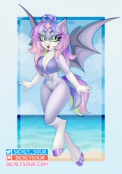 Size: 970x1388 | Tagged: safe, artist:sickly-sour, derpibooru import, oc, oc only, anthro, bat pony, unguligrade anthro, bat pony oc, beach, breasts, clothes, eye clipping through hair, eyebrows, eyebrows visible through hair, smiling, solo, spread wings, swimsuit, wings