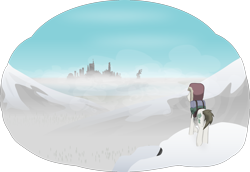 Size: 2731x1881 | Tagged: safe, artist:equestriaexploration, derpibooru import, lucky breaks, pony, atg 2022, city, cityscape, hat, newbie artist training grounds, saddle, scenery, simple background, snow, solo, tack, transparent background