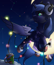 Size: 2500x3000 | Tagged: safe, artist:skitsroom, derpibooru import, princess luna, alicorn, pony, clothes, constellation, earmuffs, mug, scarf, solo, string lights, striped scarf