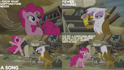 Size: 1280x720 | Tagged: safe, derpibooru import, edit, edited screencap, editor:quoterific, screencap, gilda, pinkie pie, earth pony, griffon, pony, season 5, the lost treasure of griffonstone, bipedal, duo, female, mare, nose in the air, open mouth, open smile, smiling, text