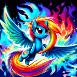 Size: 1024x1024 | Tagged: safe, derpibooru import, machine learning generated, rainbow dash, pegasus, pony, female, fire, flying, mare, solo, spread wings, wings