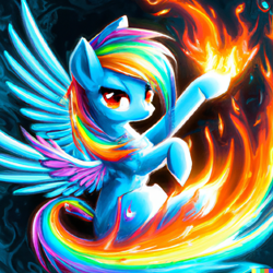 Size: 1024x1024 | Tagged: safe, derpibooru import, machine learning generated, rainbow dash, pegasus, pony, colored wings, female, fire, flying, looking at you, mare, multicolored wings, solo, spread wings, wings