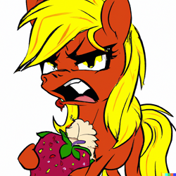 Size: 1024x1024 | Tagged: safe, derpibooru import, machine learning generated, applejack, alternate hairstyle, angry, food, simple background, solo, strawberry, white background