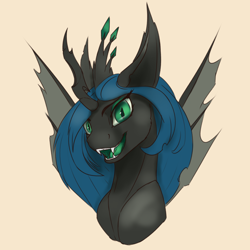 Size: 2000x2000 | Tagged: safe, artist:tenebrisnoctus, derpibooru import, queen chrysalis, changeling, changeling queen, atg 2022, bust, fangs, female, high res, looking at you, newbie artist training grounds, open mouth, open smile, simple background, sinister smile, smiling, solo, spread wings, wings, yellow background