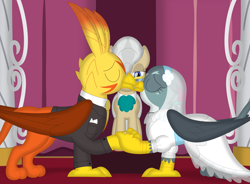 Size: 3527x2590 | Tagged: safe, artist:porygon2z, derpibooru import, gabby, mayor mare, oc, oc:blaze, earth pony, griffon, pony, blabby, canon x oc, eyes closed, female, kissing, male, marriage, trio, wedding