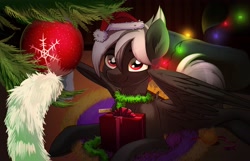 Size: 3328x2145 | Tagged: safe, artist:taneysha, derpibooru import, oc, oc only, pegasus, pony, christmas, christmas lights, christmas tree, hat, holiday, looking at you, ornament, present, santa hat, snow, snowflake, solo, string lights, tree