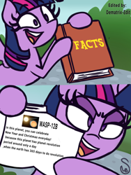 Size: 1674x2232 | Tagged: safe, artist:quarium edits, derpibooru import, edit, editor:dematrix-edit, twilight sparkle, twilight sparkle (alicorn), alicorn, pony, astronomy, ed edd n eddy, exploitable meme, fact, female, mare, meme, ponified, ponified meme, science, text, true facts, wasp-12b