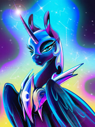 Size: 2048x2732 | Tagged: safe, artist:anekomori, derpibooru import, nightmare moon, alicorn, pony, beautiful, blue eyes, blue mane, colored pupils, constellation, digital art, ear fluff, ears, ethereal mane, eyelashes, feather, female, flowing mane, folded wings, glowing, helmet, high res, horn, long horn, looking at you, magic, majestic, mare, night, peytral, signature, solo, sparkles, starry mane, stars, vaporwave, wings