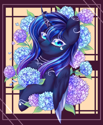 Size: 2900x3500 | Tagged: safe, artist:rainbowmoon2512, derpibooru import, princess luna, alicorn, pony, collaboration, beautiful, blue eyes, blue mane, bust, chest fluff, digital art, ethereal mane, eyelashes, female, flower, folded wings, horn, looking at you, mare, smiling, smiling at you, solo, sparkles, starry mane, stars, wings