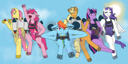 Size: 1280x640 | Tagged: safe, artist:decemberwinterwolf, derpibooru import, applejack, fluttershy, pinkie pie, rainbow dash, rarity, twilight sparkle, twilight sparkle (alicorn), alicorn, anthro, alicornified, applecorn, clothes, fluttercorn, flying, jetpack, leotard, mane six, pinkiecorn, race swap, rainbowcorn, raricorn, sky, sky background, xk-class end-of-the-world scenario