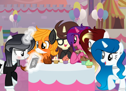 Size: 2000x1453 | Tagged: safe, artist:darbypop1, derpibooru import, oc, oc only, oc:alyssa rice, oc:darby, oc:destiny blood, oc:friday the 13th, oc:harper fox, oc:vivera balle, alicorn, fox, fox pony, hybrid, pony, unicorn, base used, cupcake, female, food, magic, mare