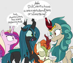 Size: 3000x2571 | Tagged: safe, artist:icey, derpibooru import, autumn blaze, princess cadance, queen chrysalis, rain shine, alicorn, changeling, changeling queen, kirin, pony, bowing, dialogue, eyebrows, eyebrows visible through hair, eyes closed, eyeshadow, female, frown, gray background, high res, horn, makeup, mare, open mouth, open smile, quartet, raised hoof, raised leg, signature, simple background, smiling, speech bubble, unamused