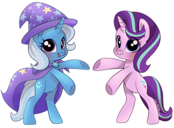 Size: 1024x752 | Tagged: safe, artist:mimijuliane, derpibooru import, starlight glimmer, trixie, pony, unicorn, bipedal, brooch, cape, clothes, cute, diatrixes, duo, duo female, eye clipping through hair, female, glimmerbetes, hat, horn, jewelry, looking at you, mare, open mouth, open smile, simple background, smiling, smiling at you, transparent background, trixie's brooch, trixie's cape, trixie's hat