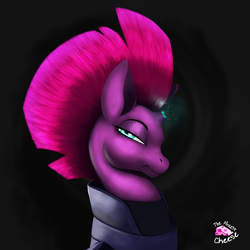 Size: 3000x3000 | Tagged: safe, artist:asty2, derpibooru import, tempest shadow, pony, unicorn, broken horn, bust, fanart, female, glowing horn, horn, lidded eyes, looking at you, looking sideways, magic, mare, profile, side view, solo, sparks