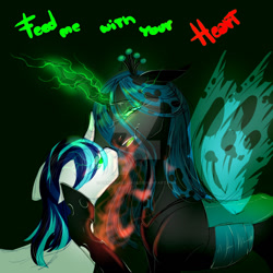 Size: 1280x1280 | Tagged: safe, artist:damascaseliads, derpibooru import, queen chrysalis, shining armor, changeling, changeling queen, pony, unicorn, black background, changeling feeding, clothes, crown, curved horn, deviantart watermark, digital art, eyelashes, female, glowing, glowing eyes, glowing horn, green eyes, green mane, horn, hypnosis, hypnotized, jewelry, looking at each other, looking at someone, magic, male, obtrusive watermark, open mouth, regalia, see-through, simple background, smiling, smiling at each other, stallion, teeth, watermark, wings