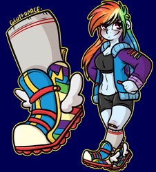 Size: 1447x1599 | Tagged: safe, artist:sexygoatgod, derpibooru import, rainbow dash, human, equestria girls, clothes, humanized, kneesocks, shoes, sneakers, socks, solo, varsity jacket, workout outfit