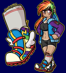 Size: 1447x1599 | Tagged: safe, artist:sexygoatgod, derpibooru import, rainbow dash, human, clothes, humanized, kneesocks, shoes, sneakers, socks, solo, varsity jacket, workout outfit