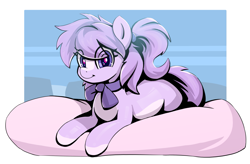 Size: 1831x1200 | Tagged: safe, artist:ahobobo, derpibooru import, oc, oc only, oc:mio, earth pony, pony, bow, female, looking at you, lying down, mare, pillow, ponytail, prone, smiling, smiling at you, solo