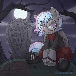 Size: 2048x2048 | Tagged: safe, artist:bluecocoaart, derpibooru import, pegasus, commission, glasses, goth, grave, gravestone, graveyard, moonlight, solo, ych result, your character here