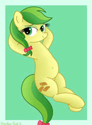 Size: 2974x4032 | Tagged: safe, artist:rainbowšpekgs, derpibooru import, apple fritter, earth pony, pony, apple family member, bedroom eyes, belly, belly button, bow, chubby, cute, female, high res, hooves, hooves behind head, looking at you, mare, pubic mound, sexy, signature, simple background, smiling, solo, stretching
