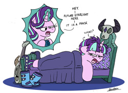 Size: 1024x751 | Tagged: safe, artist:bobthedalek, derpibooru import, starlight glimmer, pony, unicorn, atg 2022, bed, belt, boots, chocolate, dialogue, drink, empathy cocoa, female, food, guitar, hot chocolate, it's a phase, mare, mug, musical instrument, newbie artist training grounds, pillow, self paradox, self ponidox, shoes, simple background, skull, starlight's room, teenage glimmer, time travel, white background, younger