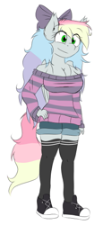 Size: 255x553 | Tagged: safe, artist:blazyplazy, derpibooru import, oc, oc only, oc:blazey sketch, anthro, pegasus, anthro oc, big breasts, breasts, butt, clothes, female, large butt, mare, multicolored hair, shoes, shorts, simple background, small wings, smiling, socks, solo, sweater, thigh highs, white background, wings