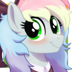 Size: 601x601 | Tagged: safe, artist:whitequartztheartist, derpibooru import, oc, oc only, oc:blazey sketch, pegasus, pony, blushing, bow, bust, clothes, female, green eyes, hair bow, looking at you, mare, multicolored hair, pegasus oc, simple background, smiling, smiling at you, solo, sweater