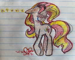 Size: 3542x2810 | Tagged: safe, artist:wonderwaifu, derpibooru import, sunset shimmer, pony, unicorn, ballpoint pen, crying, female, heart, high res, lined paper, mare, no eyes, photo, sad, signature, solo, traditional art