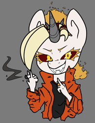 Size: 1098x1422 | Tagged: safe, artist:2hrnap, oc, oc:dyx, alicorn, alicorn oc, bust, ciggarette, clothes, colored sclera, gray background, jacket, scrunchie, shirt, simple background, smoke, solo