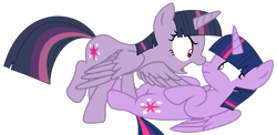 Size: 1745x849 | Tagged: safe, artist:klewgcg, artist:twilyisbestpone, derpibooru import, mean twilight sparkle, twilight sparkle, twilight sparkle (alicorn), alicorn, pony, angry, base used, clone, duality, duo, duo female, evil, female, mare, nose wrinkle, pinned, scared, self paradox, self ponidox, simple background, transparent background, wide eyes, wings