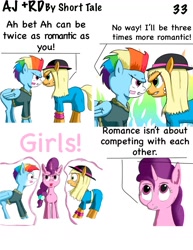 Size: 1122x1452 | Tagged: safe, artist:short tale, derpibooru import, applejack, rainbow dash, sugar belle, earth pony, pegasus, unicorn, comic:aj+rd, argument, comedy, comic, competition, dating, digital art, female, fight, fire, lesbian, magic, scolding, shipping, simple background, telekinesis